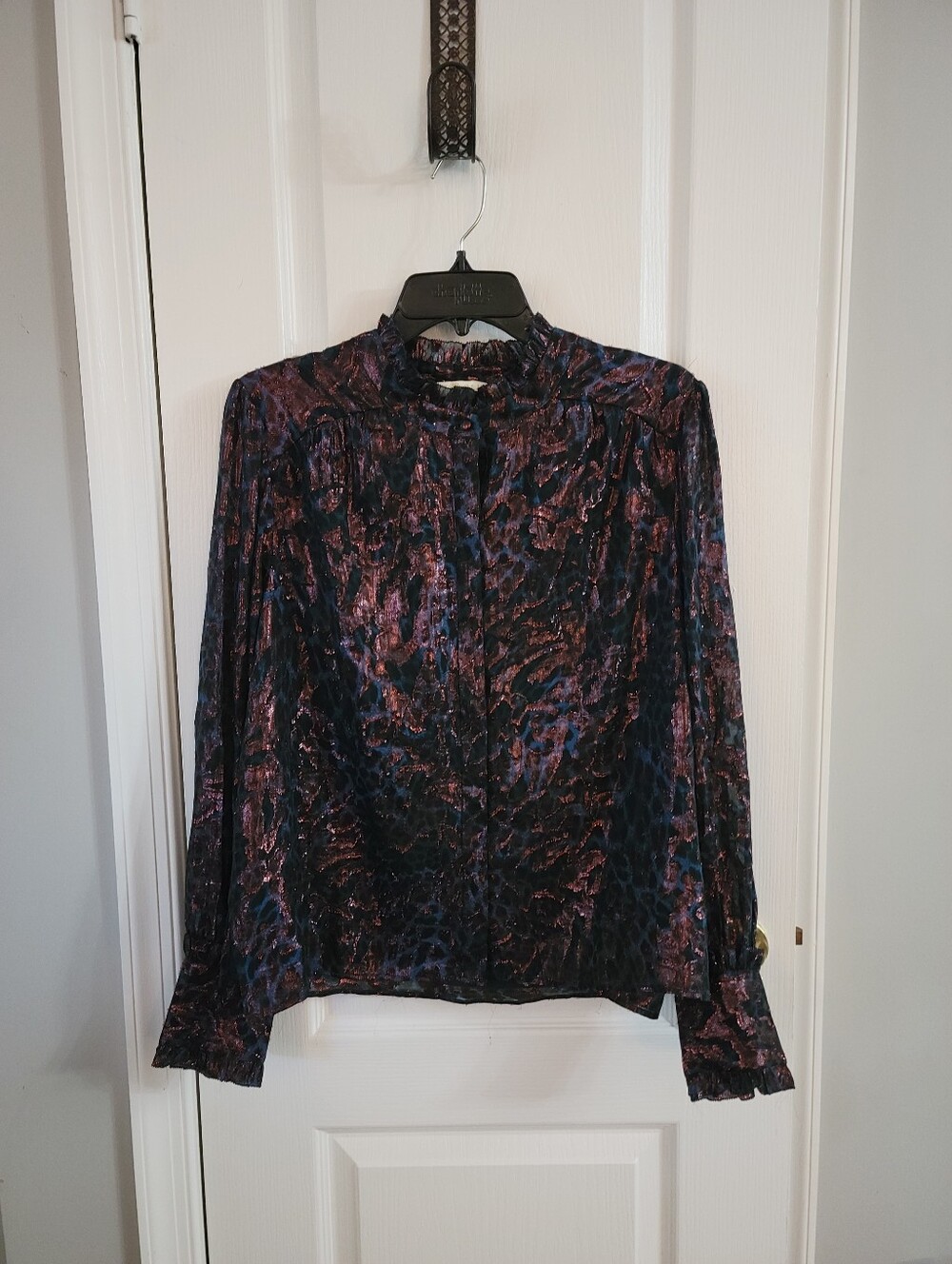 Marie Oliver Montana Metallic Silk Blouse Riverbend Medium Ruffle Button Down